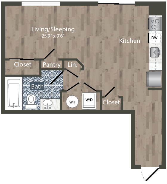 Floor plan for studio, 1 bath, 519 sqft
